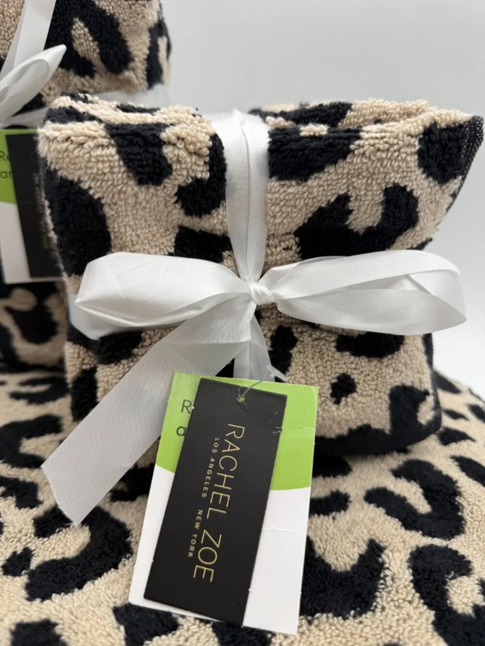 Rachel Zoe Leopard Print 8 Pc Bath Towel Set 100% Cotton Beige Black NWT